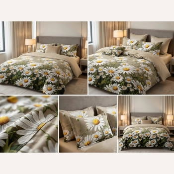 Pościel satynowa 160x200 w stokrotki – komplet premium PK815